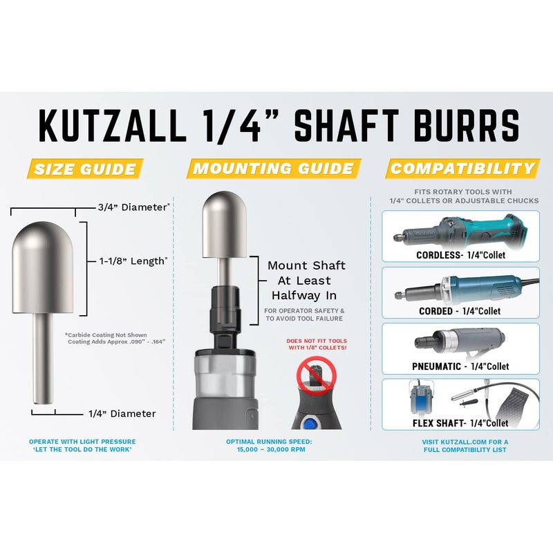 Kutzall Extreme Ball Nose Rotary Burr 1â„4" Shaft, Very Coarse - Wood Carving Bit for Bosch, DeWalt, Milwaukee. Abrasive Tungsten Carbide 3â„4"(19mm) Dia. X 1-1â„8"(28.5mm) Length, BNX-34C - Image 3